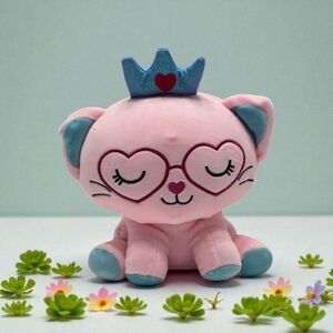Pink Cat Plush Stuffed Animal Heart Glasses Crown Toy Girl Gift 6in